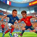 Aksi pertandingan sepak bola antara tim nasional Prancis dan Spanyol di semifinal Piala Dunia.