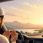 Ilustrasi seorang muslim sedang berdoa sebelum melakukan perjalanan jauh menggunakan kendaraan