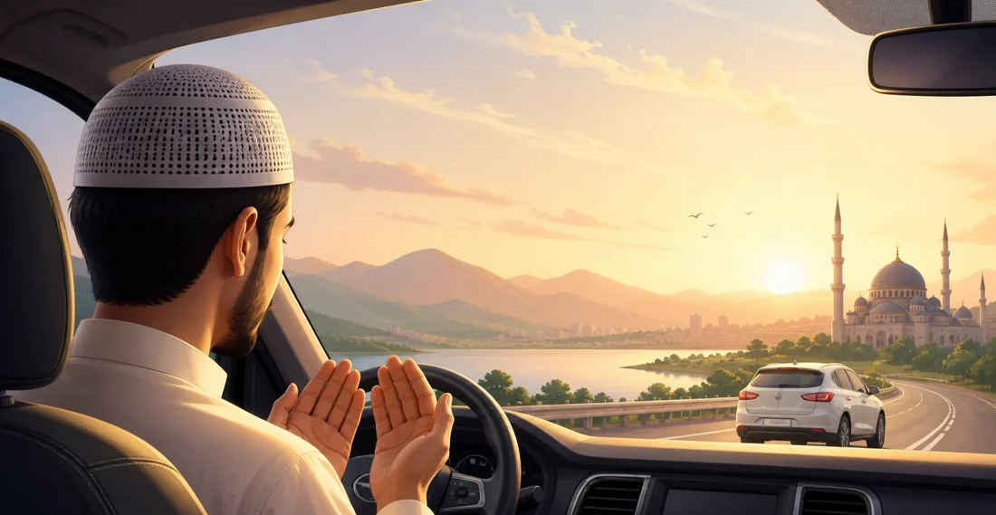 Ilustrasi seorang muslim sedang berdoa sebelum melakukan perjalanan jauh menggunakan kendaraan