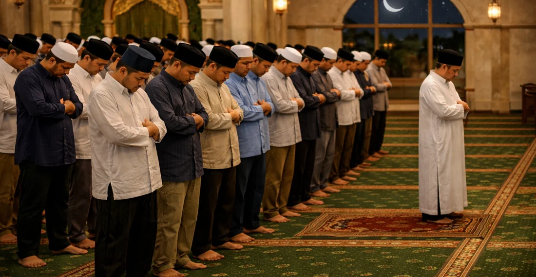 Imam sedang merapikan shaf jamaah sebelum memulai salat berjamaah di masjid