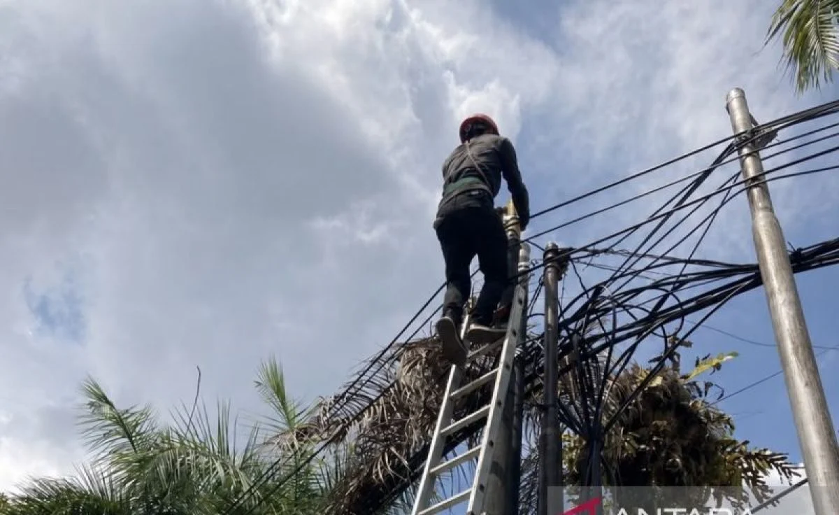 Petugas melakukan penataan kabel fiber optik yang semrawut di kawasan perkotaan Banjarmasin.