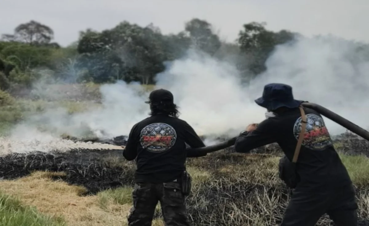 Petugas dan warga bergotong royong memadamkan kebakaran lahan gambut di Kabupaten Banjar, Kalimantan Selatan.